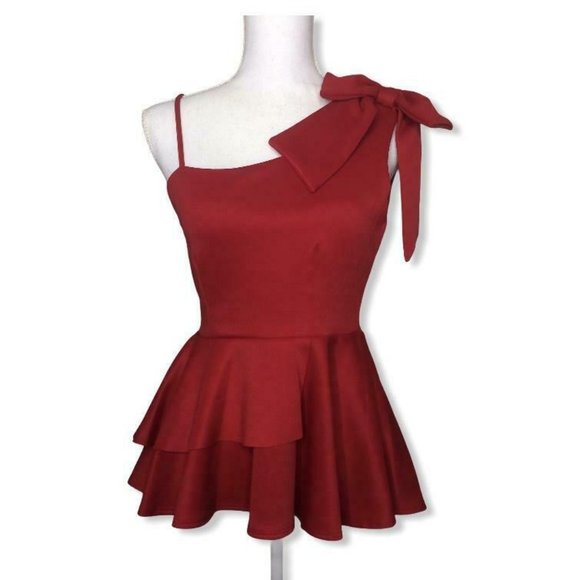 Tops - Red One Shoulder Ribbon Peplum Top